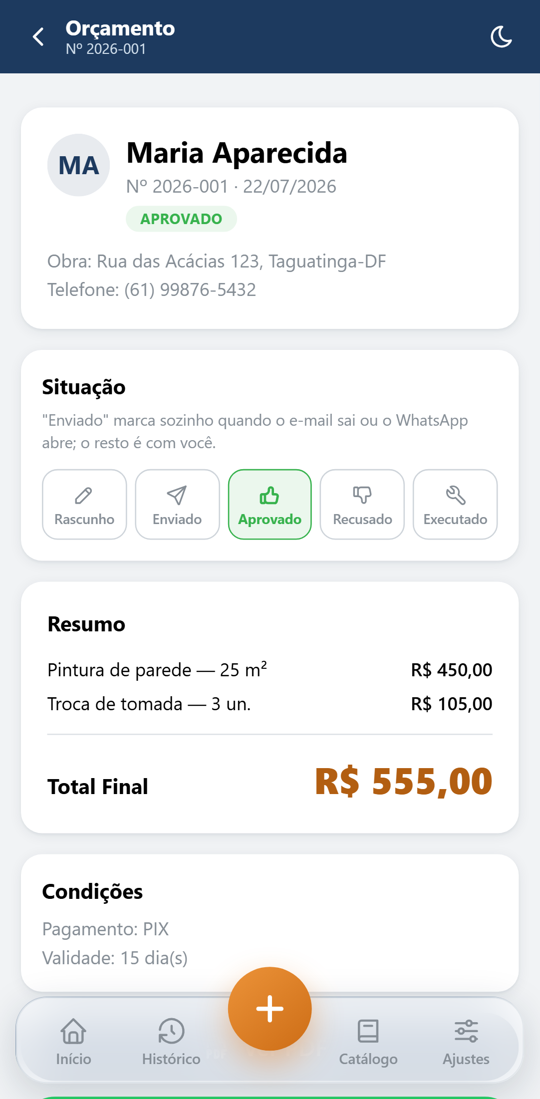 Detalhe de um orçamento no Cota4 pronto para enviar no WhatsApp