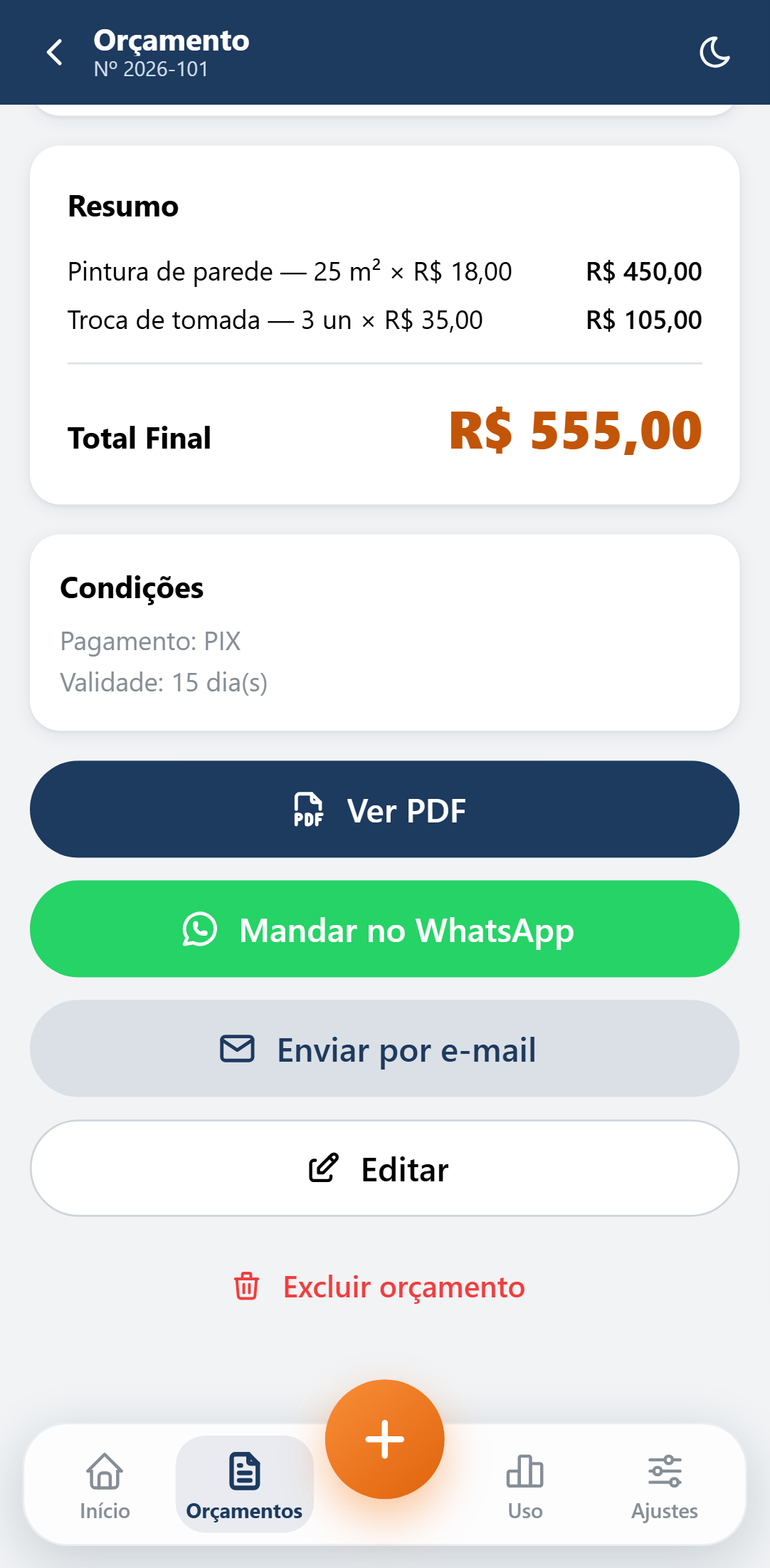 Tela do orçamento no Cota4 com os botões Ver PDF, Mandar no WhatsApp e Enviar por e-mail