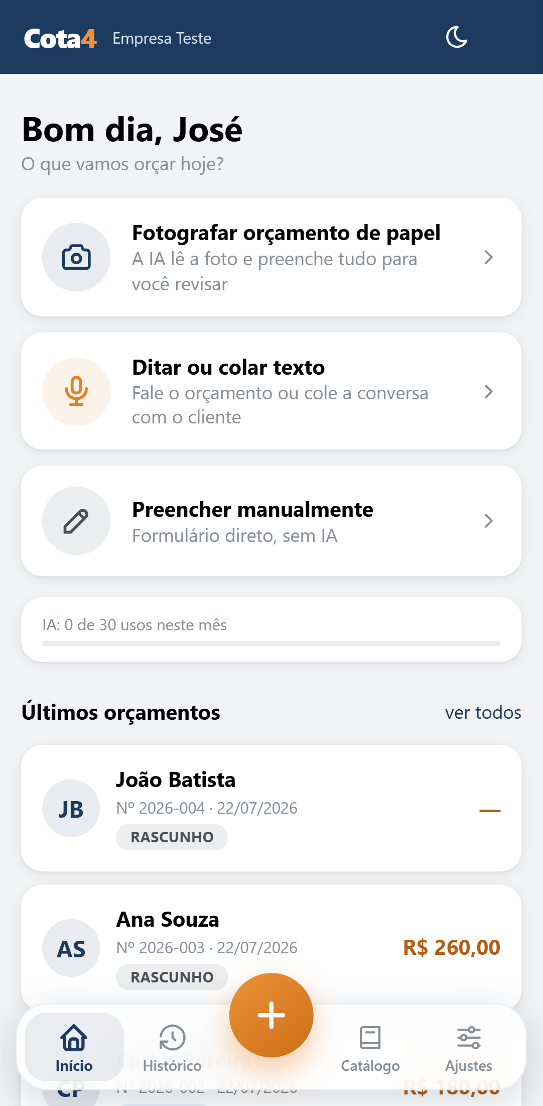Tela inicial do Cota4 com as opções de criar orçamento por voz, foto ou texto