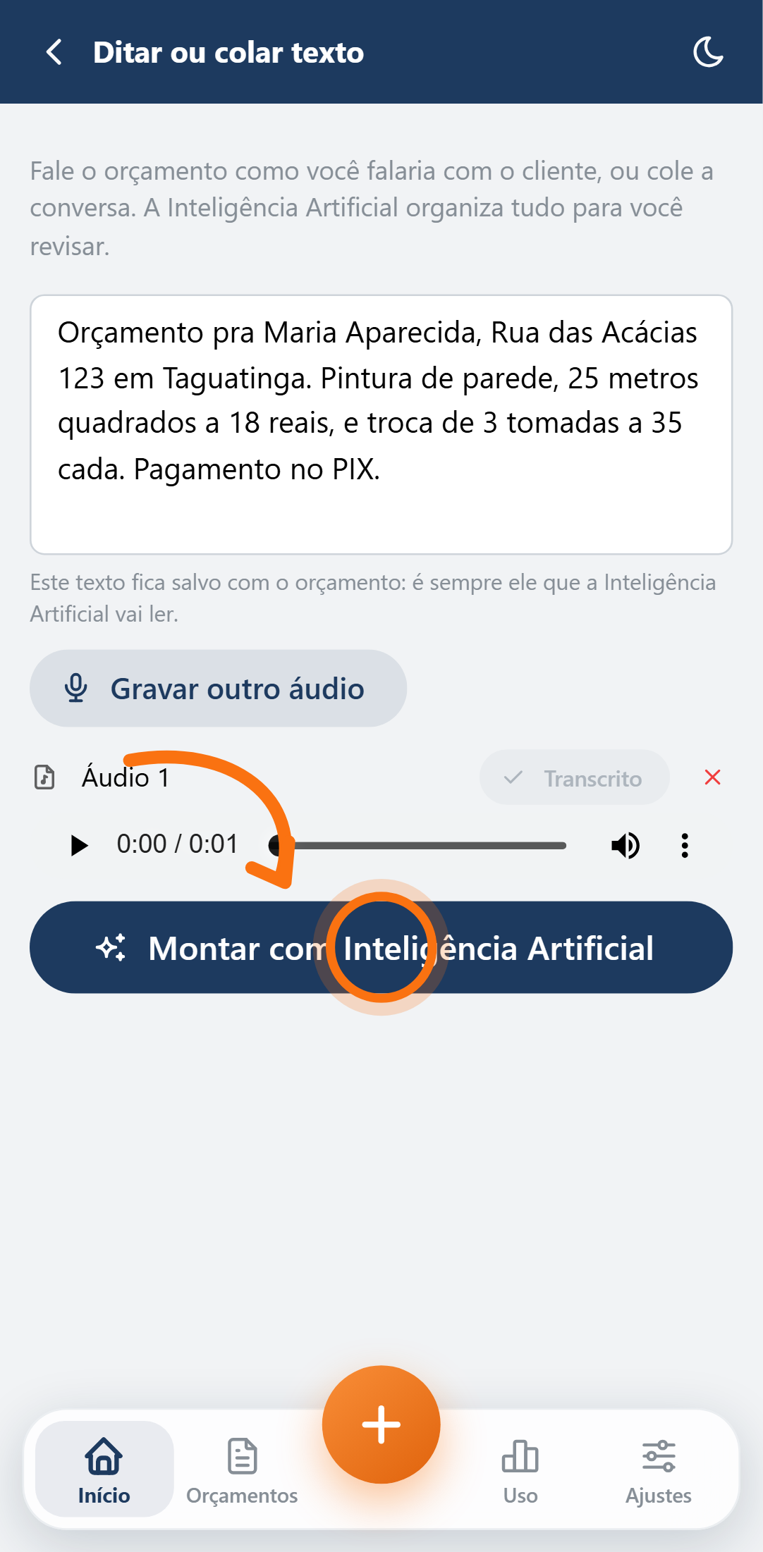 Tela do Cota4 com o rascunho em texto corrido e o botão "Montar orçamento com IA"