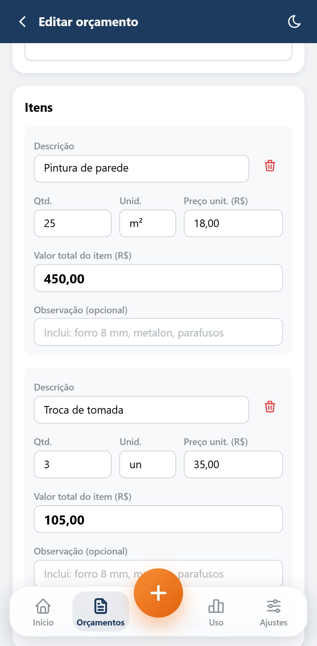 Tela de revisão do Cota4 com os itens do orçamento preenchidos, quantidade e preço