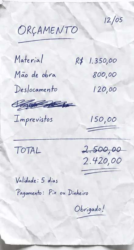 Rascunho de orçamento escrito à mão em papel amassado